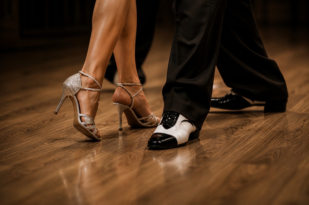 Tango couple's feet on the dance floor